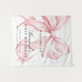 ピンクの コケッティーなリボン 誕生日パーティー ウェルカムサイン タペストリー (正面(横))