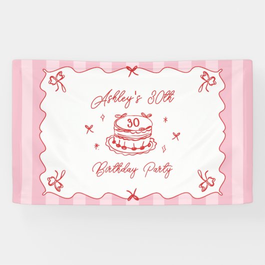 ピンクの コケッティー ストライプ ヴィンテージ 手描き 誕生日 横断幕 (横)
