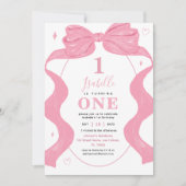 ピンクの コケット ボウ & フォト リボン 女の子の1歳の誕生日 招待状 (正面)