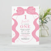 ピンクの コケット ボウ & フォト リボン 女の子の1歳の誕生日 招待状 (スタンド正面)