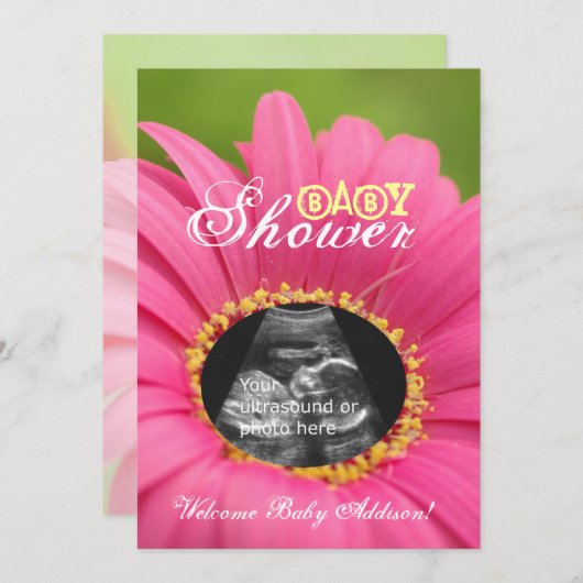 ピンクの"フラワーチャイルド"の超音波のベビーシャワーの招待 招待状 (正面/裏面)