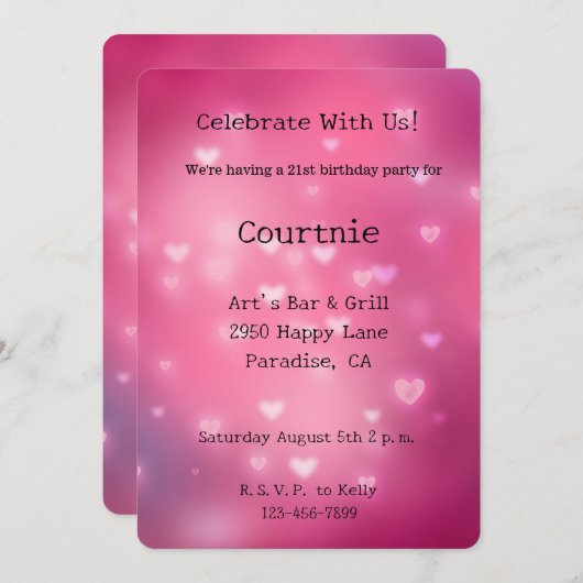 ピンクの《写真》ぼけ味ハート誕生日 招待状 (正面/裏面)