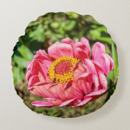 ピンクの《植物》百日草と黄色の中心 ラウンドクッション