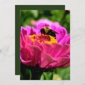 ピンクの《植物》百日草と(昆虫)マルハナバチ、ピンクの花、かわいいミツバチ 招待状 (正面/裏面)