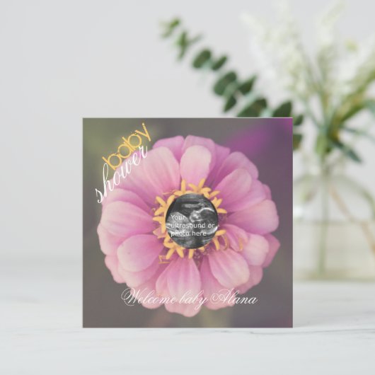 ピンクの《植物》百日草の超音波のベビーシャワーの招待状 招待状 (スタンド正面)