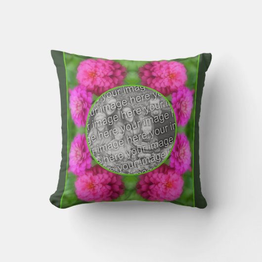 ピンクの《植物》百日草フラワーフレーム自分の写真を作成 クッション (正面)