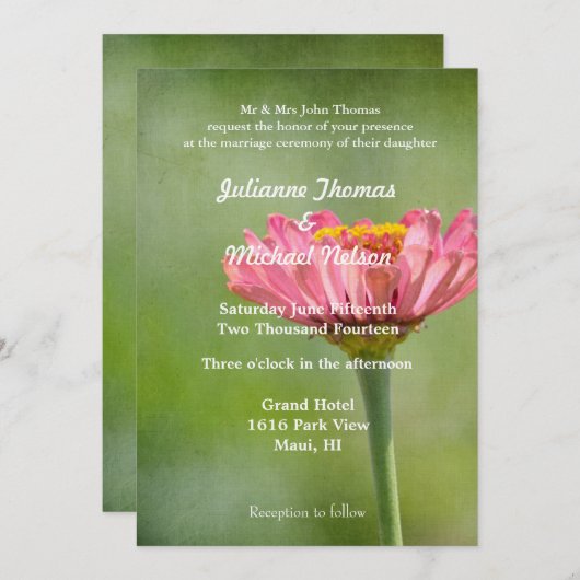 ピンクの《植物》百日草結婚の花 招待状 (正面/裏面)