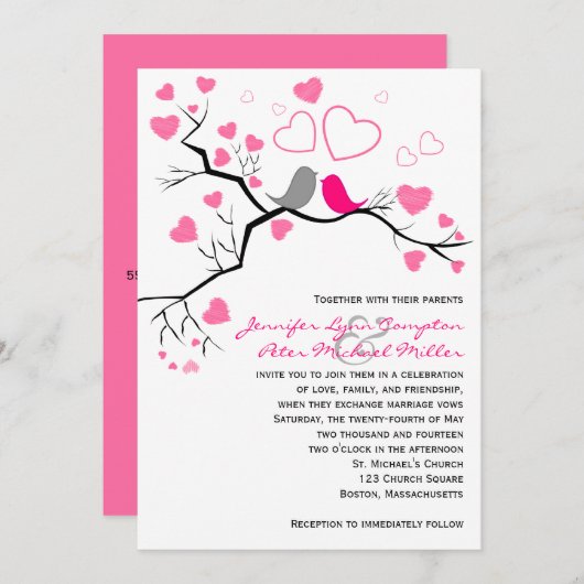 ピンクの、灰色の仲の良い恋人同士及びハートの結婚式招待状 招待状 (正面/裏面)