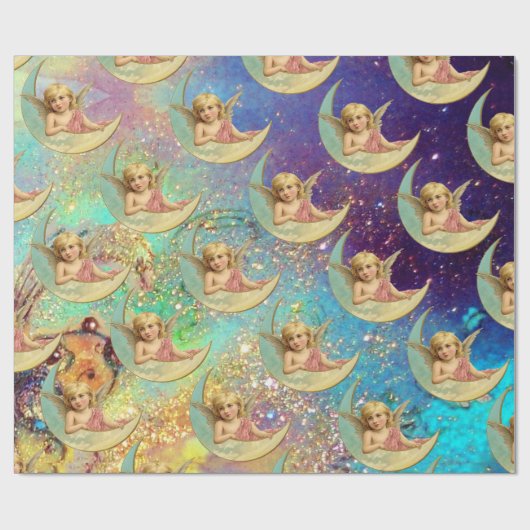ピンクの、青い金ゴールドの黄色の輝きの月の天使 ラッピングペーパー (フラット)