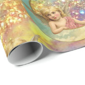 ピンクの、青い金ゴールドの黄色の輝きの月の天使 ラッピングペーパー (ロールコーナー)