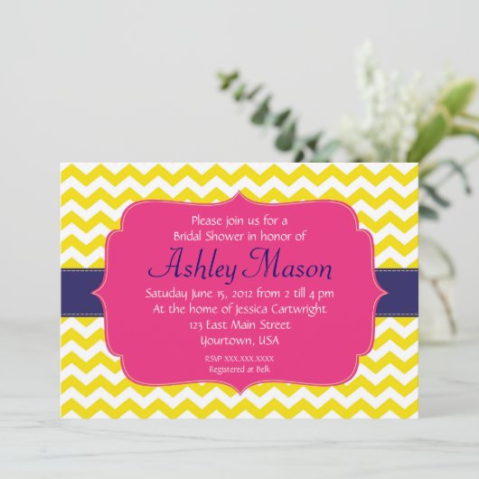 ピンクの、青および黄色のシェブロンのシャワーの招待状 招待状 (スタンド正面)