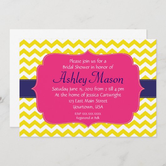ピンクの、青および黄色のシェブロンのシャワーの招待状 招待状 (正面/裏面)
