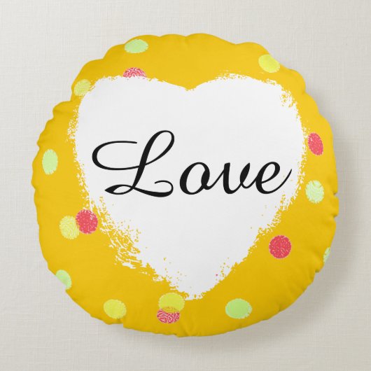ピンクの、黄色い水玉模様及び白いハート愛 ラウンドクッション (正面)