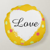 ピンクの、黄色い水玉模様及び白いハート愛 ラウンドクッション (裏面)
