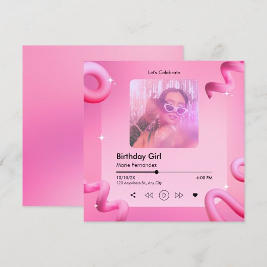 ピンクの chic な音楽プレイリストカバー写真 誕生日 招待状 (正面/裏面)