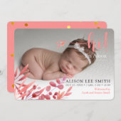 ピンクの「Hi」と葉出産発表カード 案内状 (正面/裏面)