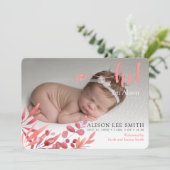 ピンクの「Hi」と葉出産発表カード 案内状 (スタンド正面)