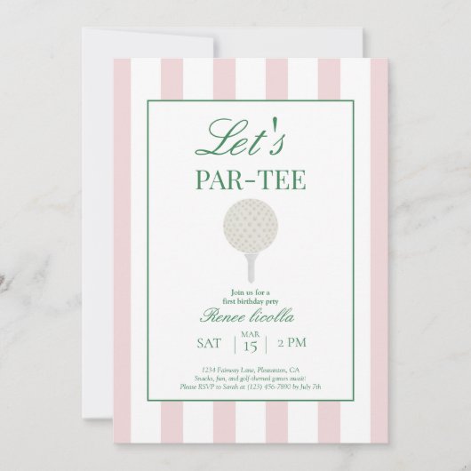 ピンクの「Let’s Par-Tee」ゴルフ1歳の誕生日招待状 招待状 (正面)