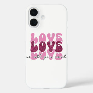 ピンクの"Love"スタックバブルフォント iPhone 16ケース