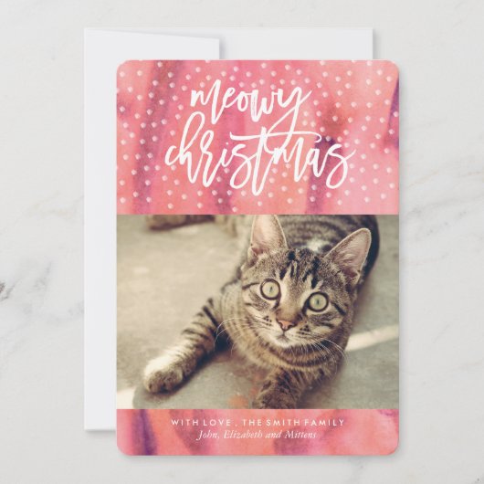 ピンクの"Meowy Christmas"ペットの休日の挨拶 シーズンカード (正面)