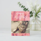 ピンクの"Meowy Christmas"ペットの休日の挨拶 シーズンポストカード (スタンド正面)
