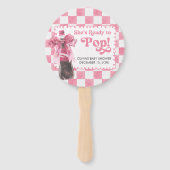 ピンクの She's Ready to Pop ベビーシャワー ハンドファン (正面)