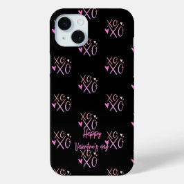 ピンクの「XOXO」ハート ハッピーバレンタインデー ブラック iPhone 15 MINIケース