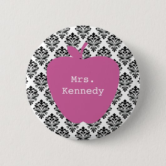 ピンクのAppleのダマスク織の先生 缶バッジ (正面)