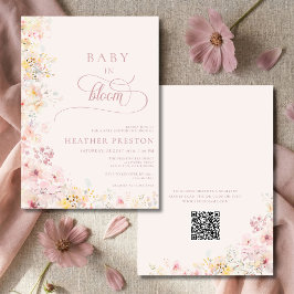 ピンクのBaby+In+Bloom QRコード ベビーシャワー 招待状