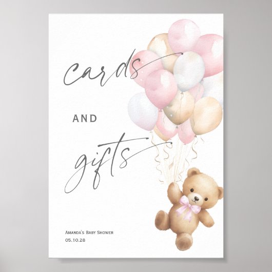 ピンクのbealy待ち、カードとギフト女の子シャワーのサイン ポスター (正面)