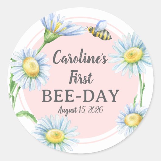ピンクのBee-Dayバースデーステッカーとデイジー ラウンドシール (正面)
