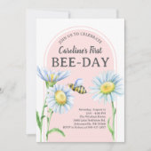 ピンクのBee-Dayバースデー招待状とデイジー 招待状 (正面)