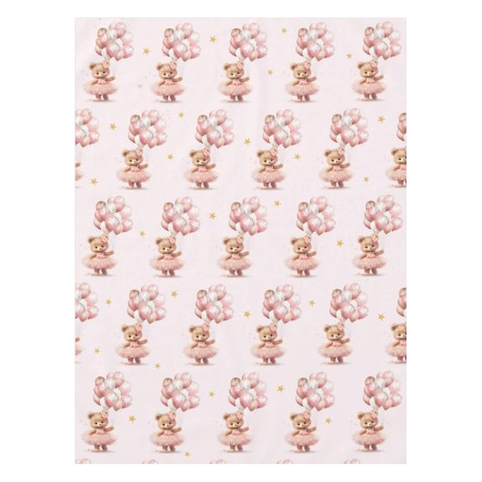 ピンクのboho tedbear女の子の赤ちゃんシャワー テーブルクロス (正面)