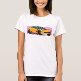 ピンクのC7オレンジコルベットのスポーツカーストライプス Tシャツ