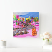 ピンクのCandyland スクエア壁時計 (ホーム)