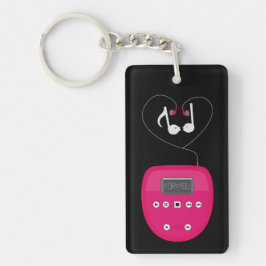 ピンクのCDプレーヤーとキスするイヤホン キーホルダー