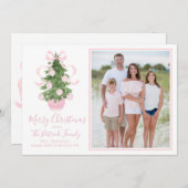 ピンクのChinoiserieツリーのクリスマスフォトカード 招待状 (正面/裏面)