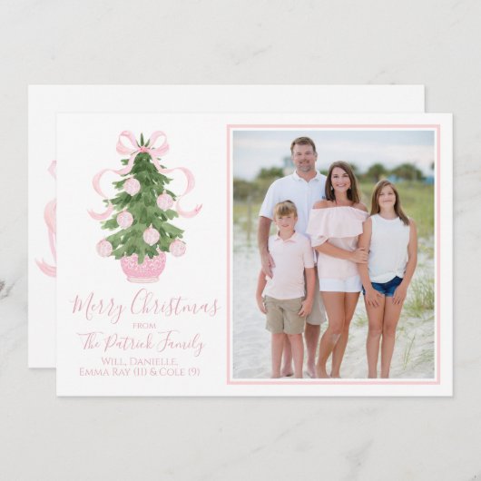 ピンクのChinoiserieツリーのクリスマスフォトカード 招待状 (正面/裏面)