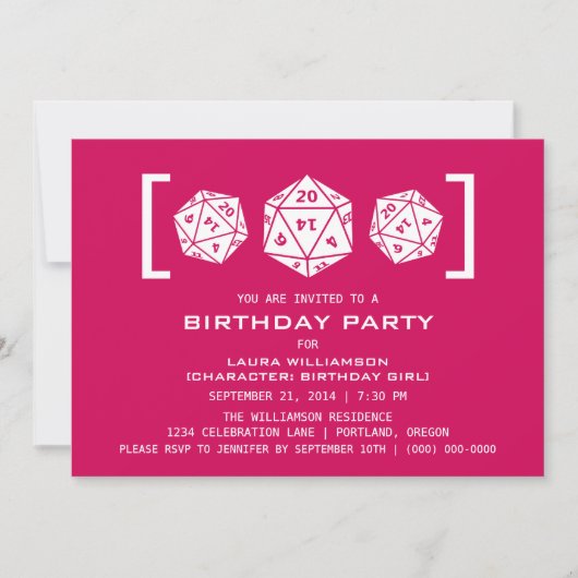 ピンクのD20サイコロゲーマー誕生日パーティーの招待状 招待状 (正面)