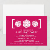 ピンクのD20サイコロゲーマー誕生日パーティーの招待状 招待状 (正面/裏面)