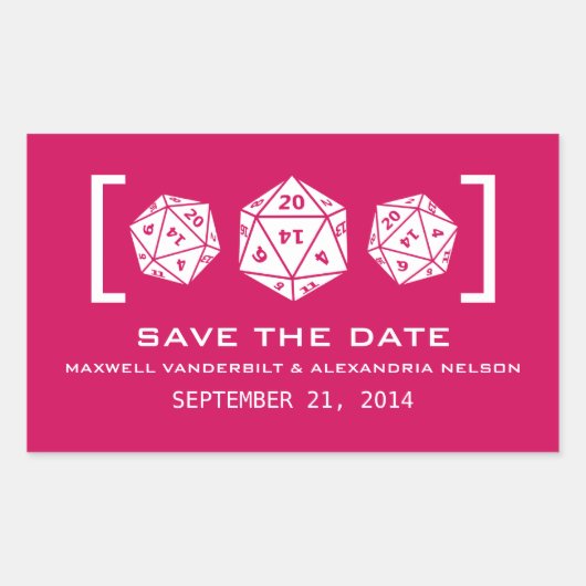 ピンクのD20サイコロ ゲーマー向け Save the Date ステッカー (正面)