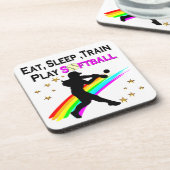 ピンクのEAT+SLEEP+TRAIN+PLAY+ソフトボールデザイン コースター (左側)