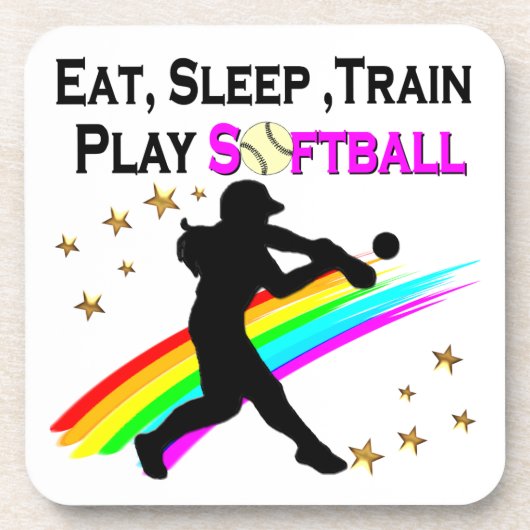 ピンクのEAT+SLEEP+TRAIN+PLAY+ソフトボールデザイン コースター (正面)