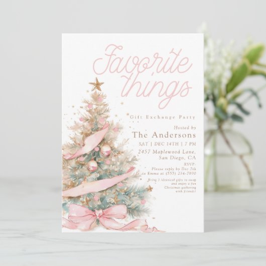 ピンクのFavorite Things ギフト交換クリスマスパーティー 招待状 (スタンド正面)