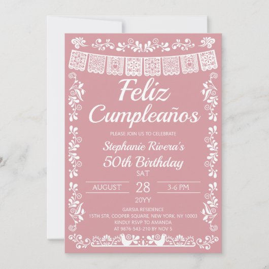 ピンクのFeliz Cumpleaños 50歳の誕生日 招待状 (正面)
