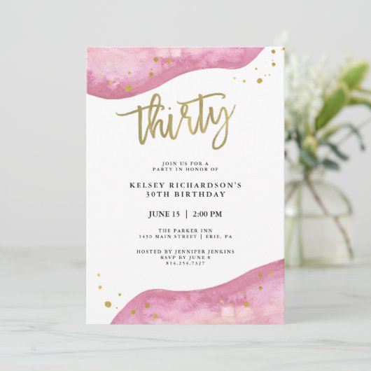 ピンクのGeodeおよびフェイクな金ゴールドは|の第30誕生日を見ます 招待状 (スタンド正面)