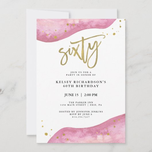 ピンクのGeodeおよびフェイクな金ゴールドは|の第60誕生日を見ます 招待状 (正面)