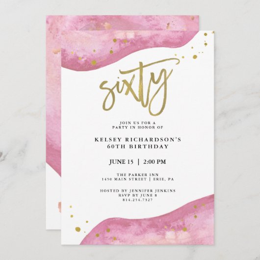 ピンクのGeodeおよびフェイクな金ゴールドは|の第60誕生日を見ます 招待状 (正面/裏面)