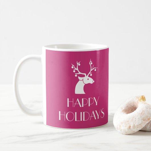 ピンクのHAPPY HOLIDAYS クリスマストナカイ 名前入り コーヒーマグカップ (ドーナツ)