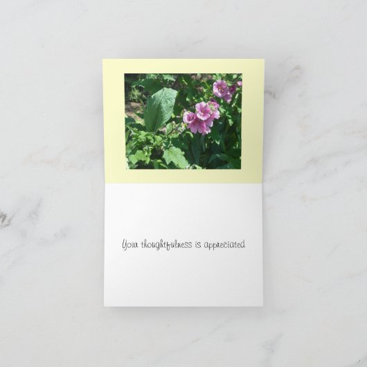 ピンクのHollyhocksは感謝していしています サンキューカード (内部)